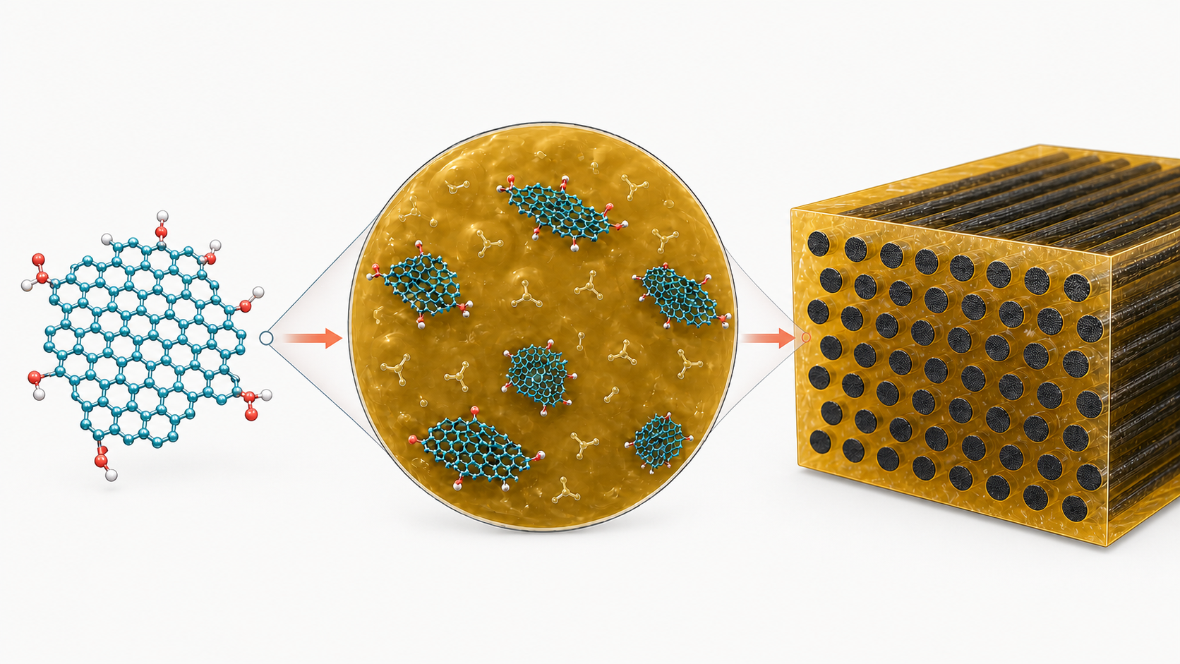 Multiscale illustration of teal graphene quantum dots dispersed in amber epoxy and embedded with carbon fibers.