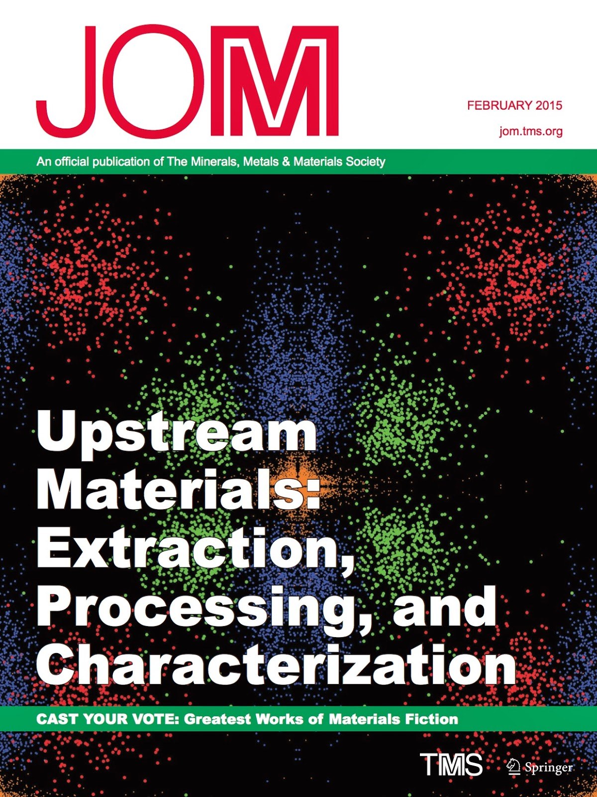 JOM magazine cover, February 2015, carrying a colorful statistical point-cloud artwork